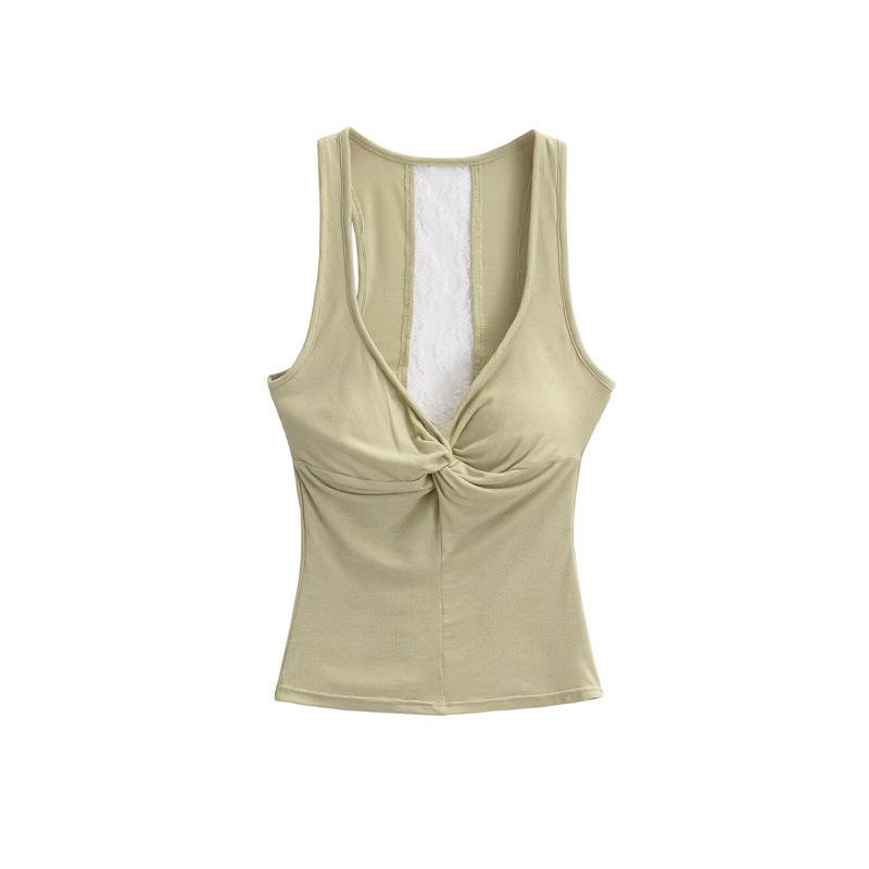 

Pure Desire Lace Patchwork V-Neck Open Back Tank Top Small зелений