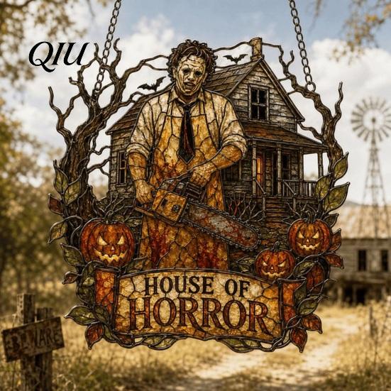 Translucent Pumpkin Crow Dead Tree Signs Halloween 2D Horror Window Hanging Decor, Acrylic Glowing Suncatcher with Outdoor Waterproof