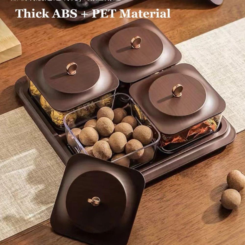 Wood Grain Snack Storage Box with Tray & Lid 2/4 Jars Coffee Table Dessert Plate Square Dustproof Nuts Candy Fruits Organizer
