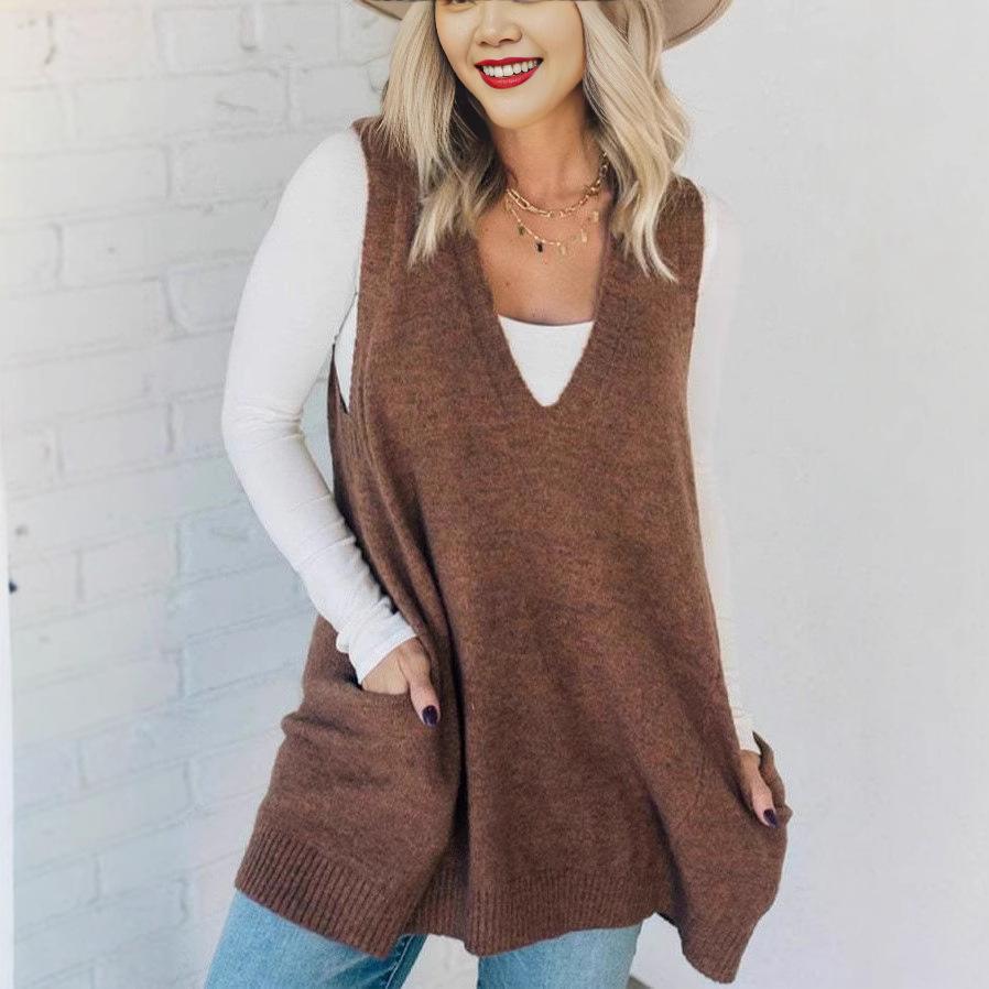 Women's Autumn/Winter V-Neck Casual Loose Knit Sweater Vest with Pockets