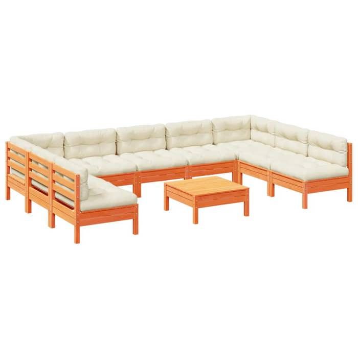 VidaXL Salon de jardin 10pcs avec coussins cire marron bois pin massif, ensemble de canapés d'extérieur, ensemble de canapés 3299600