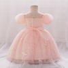 One-Year-Old Pink Puff Sleeve Flower Girl Princess Dress with Mesh Skirt