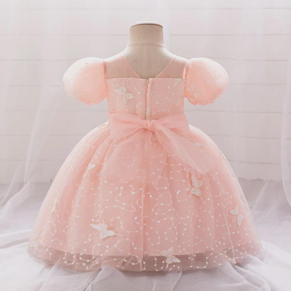 One-Year-Old Pink Puff Sleeve Flower Girl Princess Dress with Mesh Skirt