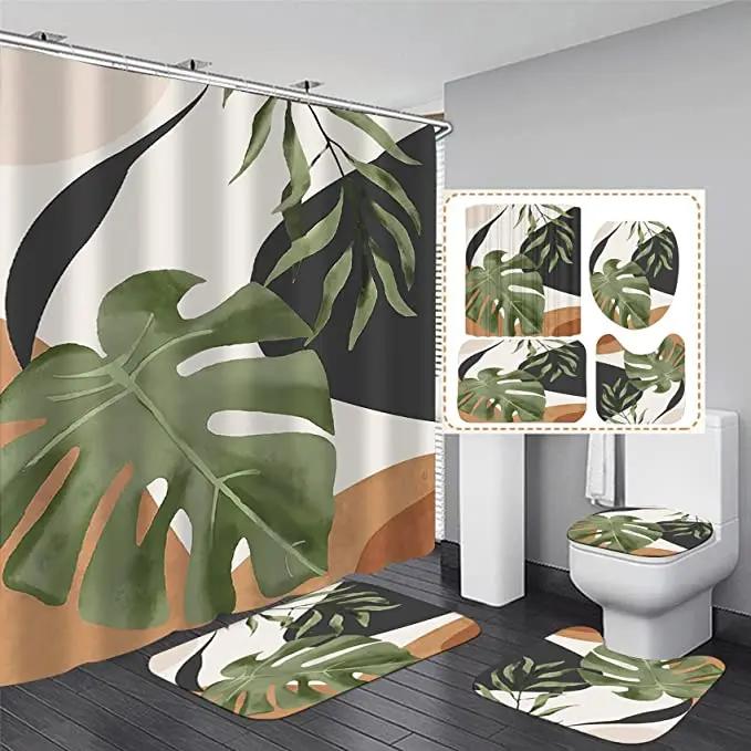 Blue Green Leaves Shower Curtain Set With Non-Slip Rug Toilet Lid Cover Bath Mat And Hooks Plant Leaf Vine Waterproof Decor Sets