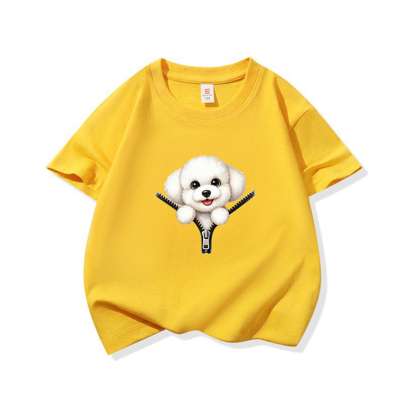 Kids Cotton T Shirt Cute Bichon Frise Puppy Dog Zipper Print Crew Neck Short Sleeve Tee Casual Boys Girls Summer Tops