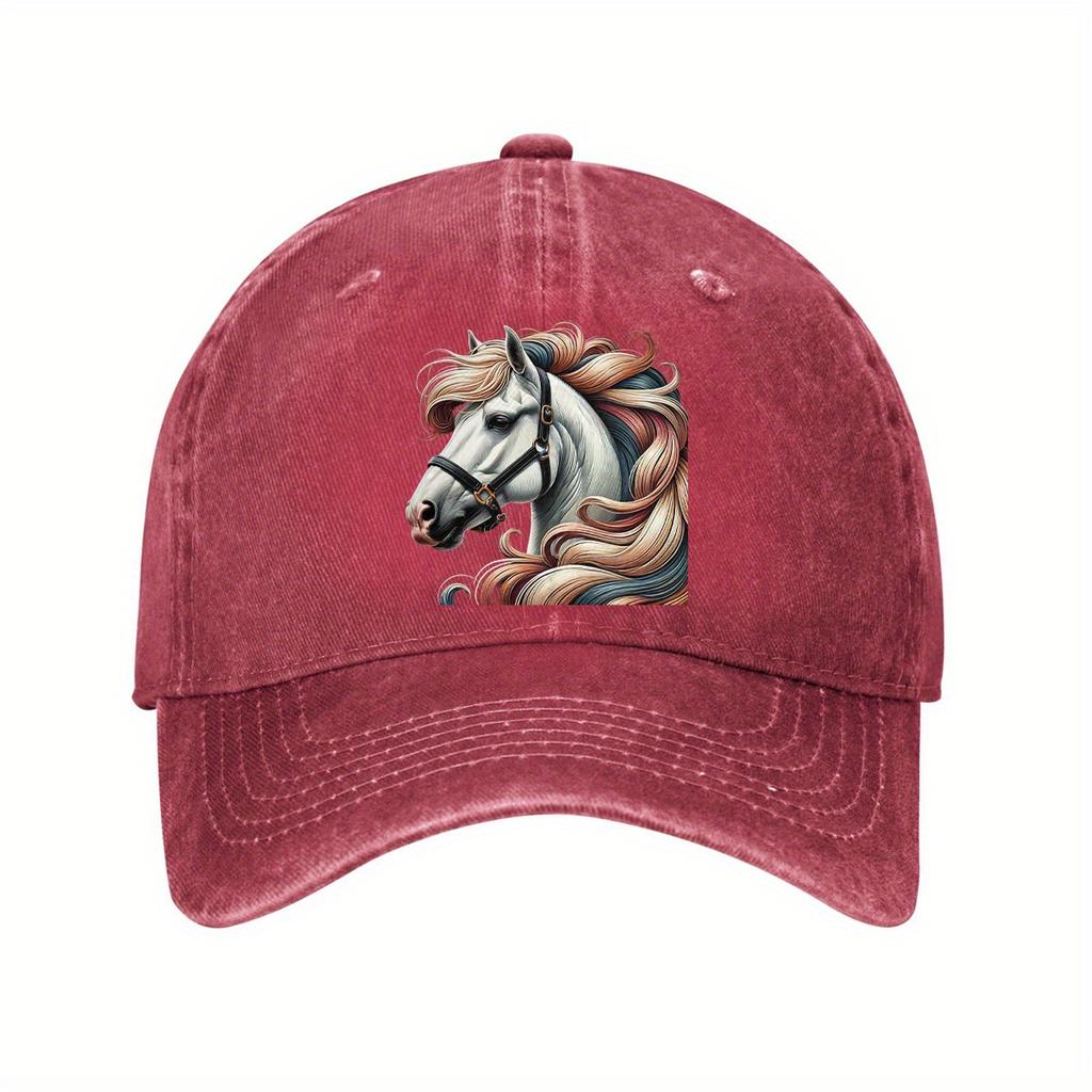 Colorful Mane White Horse Baseball Cap Denim Style Adjustable Casual Dad Hat for Unisex Adults