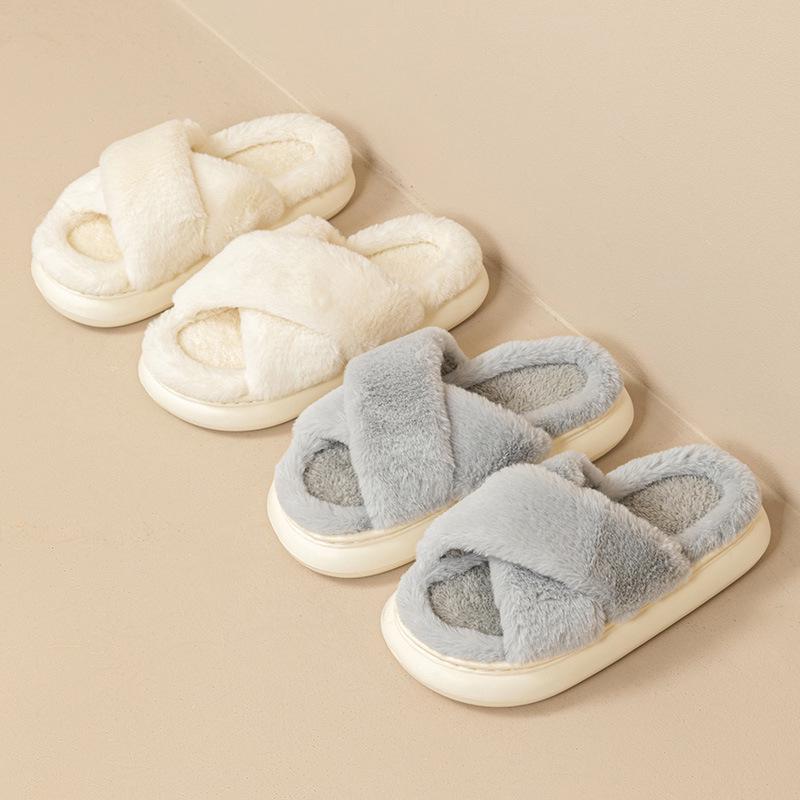 Cross Fuzzy Slippers: Non-Slip, Thick-Soled Indoor Cotton Slippers for Men and Women - Perfect for Autumn and Winter