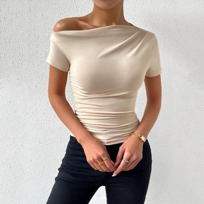 חולצת טריקו קיץ לנשים שרוולים קצרים Slim צבע אחיד Fit חולצת טי חולצת טי צווארון מוטה סוודר צד