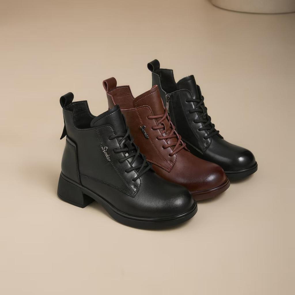 Leather Retro Martin Boots Women's British Style Round Head Thick Heel Short Boots 2025 Autumn and Winter New Height-increasing Boots
