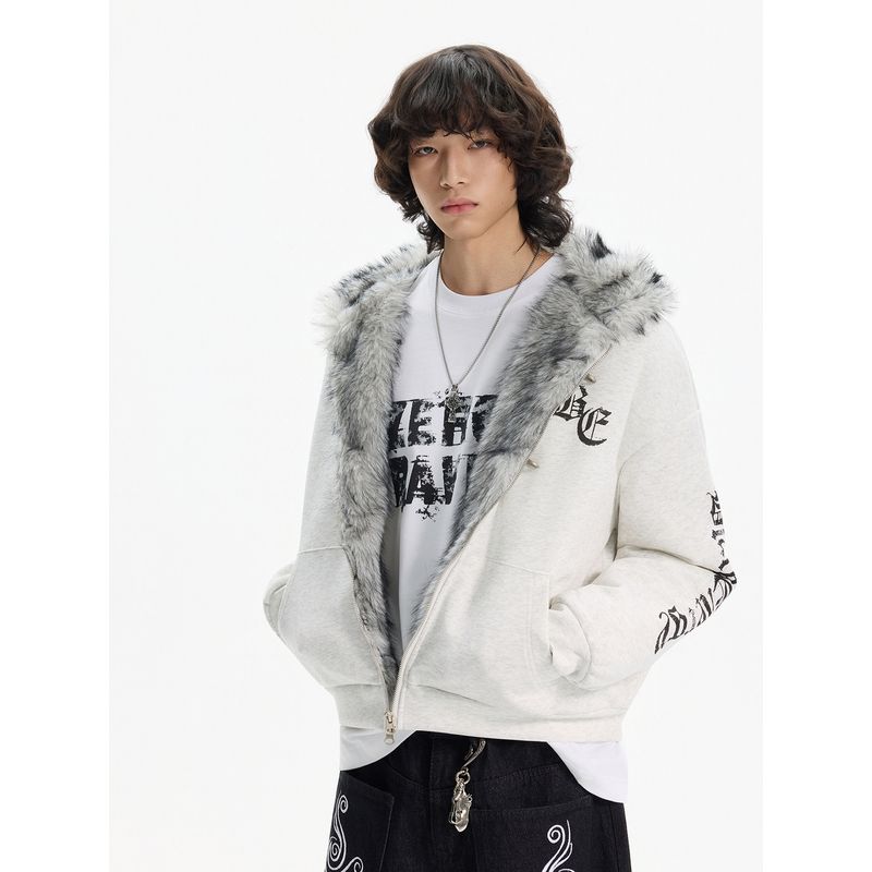 Blaexit Autumn and Winter Gothic Embroidered Cardigan Hooded Sweatshirt Men's Thickened American Style Fur Collar Jacket