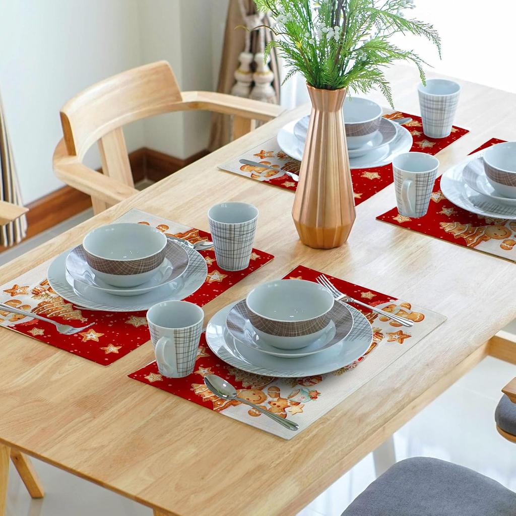 Xmas Placemats Set of 4 Gingerbread Man House Washable Heat Resistant Rectangle Dinner Mats for Party Kitchen Dining Decoration 12x18 Inch