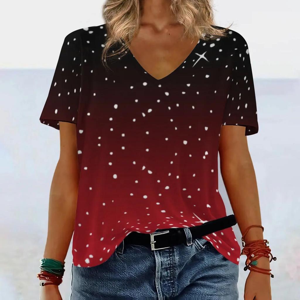 Summer V-neck 3D Gradient Printed Top Fashionable Casual Short Sleeved Women's T-shirts