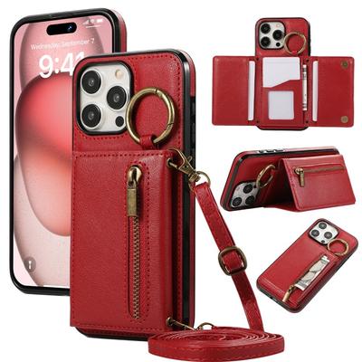 Crossbody Ring Card Holder Zipper Wallet Phone Case For iPhone 15 Pro Max 14 Plus 13 12 11 XS XR 7 8 SE 2020 2022 Leather Cover