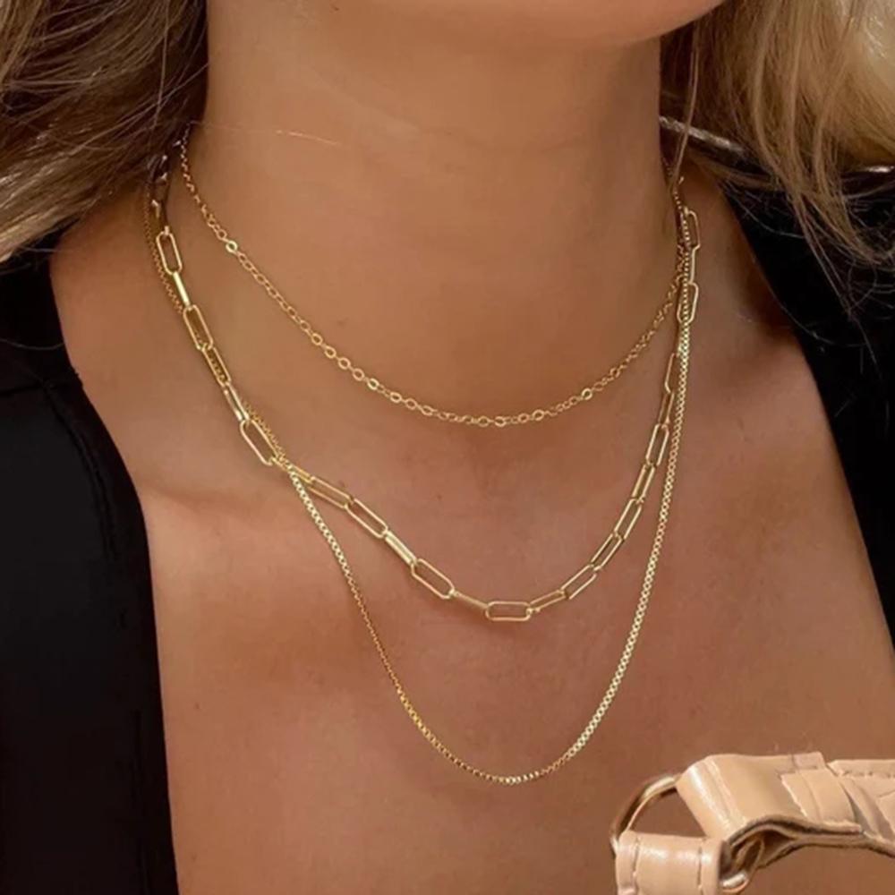 Yori Geometric 18K Gold Plated 3mm Snake Chain Layer Necklace Gift Stainless Steel Triple Layer Snake Chain Necklace For Women