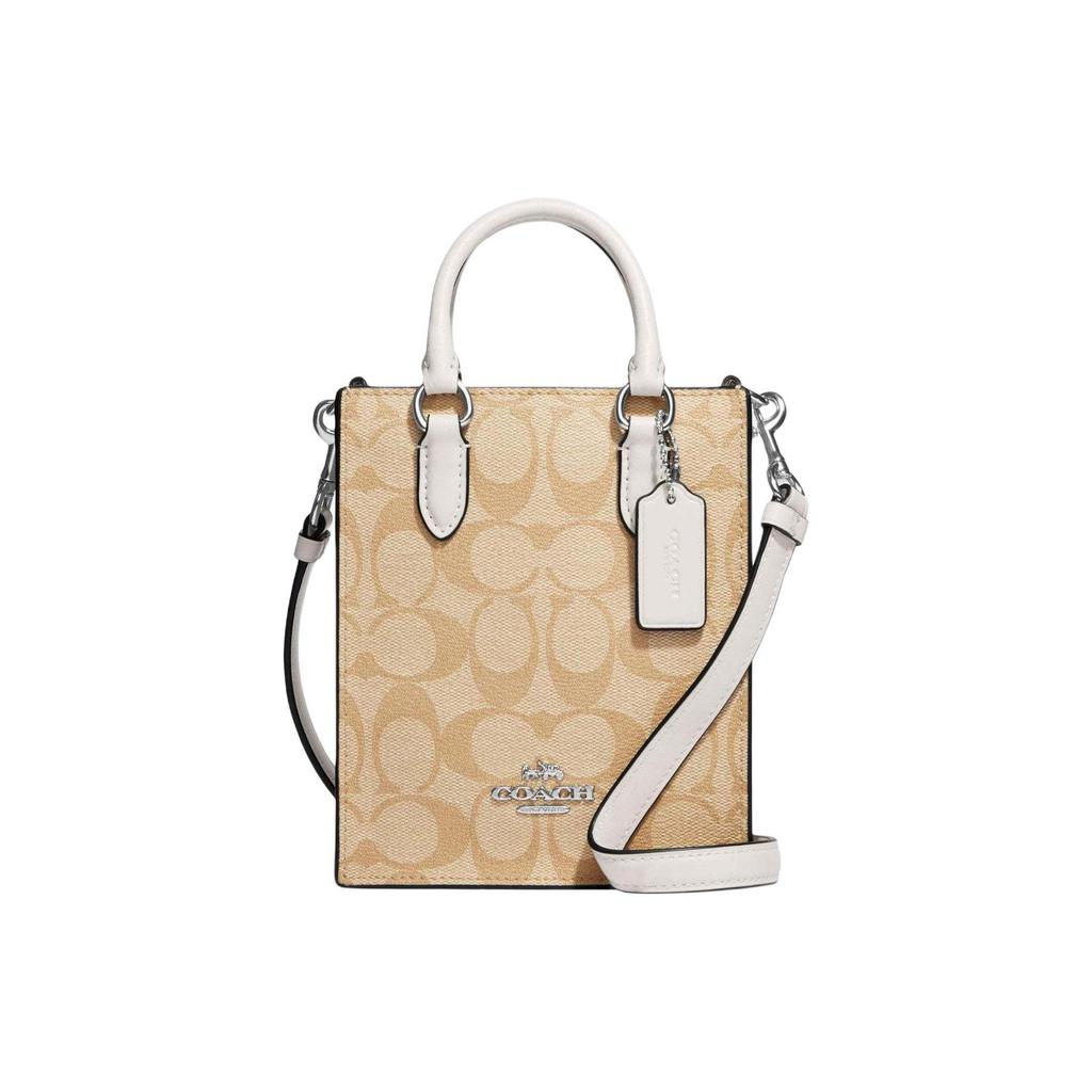 Coach N/S 17 Gold Logo Plaque Classic Jacquard Hardware Coated Canvas And Leather Tote Shopping Crossbody Handbag Mini Women Tote Brown CJ494-SIGHA