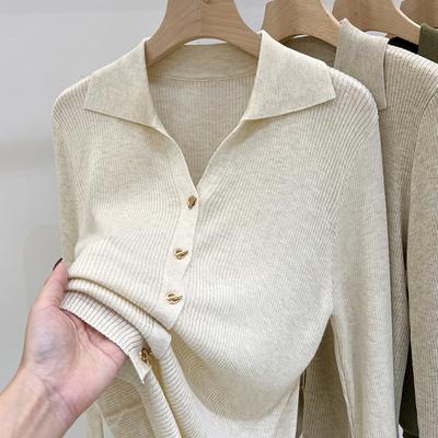 Polo Collar Thin Base Shirt for Women Spring Autumn Long Sleeve Slim Fit Sweater Button Down Cardigan Knitted Sweater Top