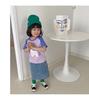 Girls' 2025 Summer Color Block Cartoon Print Cotton T-shirt, Round Neck, Short Sleeve