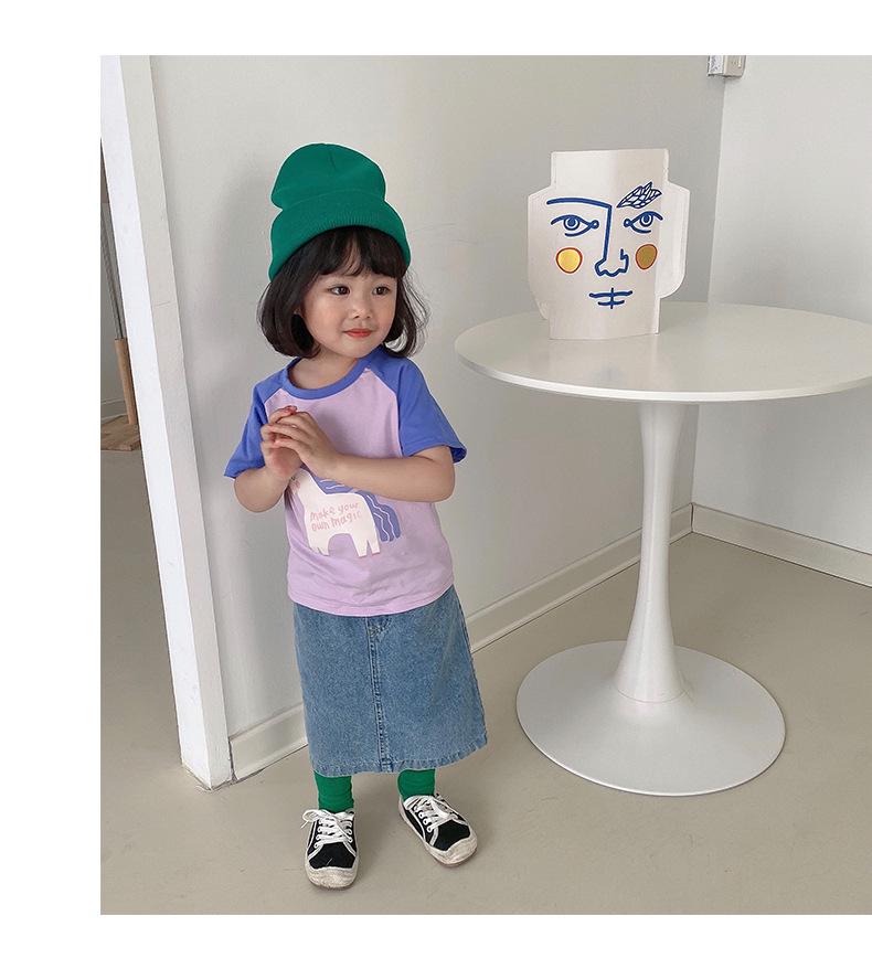Girls' 2025 Summer Color Block Cartoon Print Cotton T-shirt, Round Neck, Short Sleeve