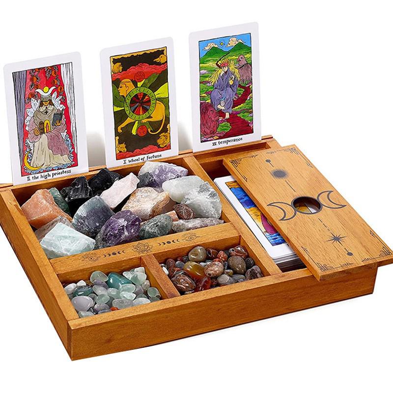 Wooden Tarot Card & Crystal Display Stand with Storage Box