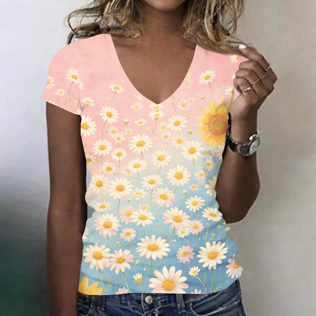 Women Casual V Neck Short Sleeve Floral Print T Shirt Lightweight Soft Fabric Comfortable Fit Summer Top