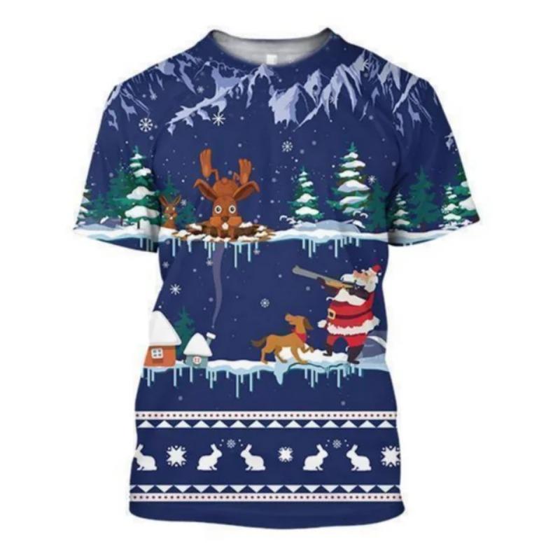 Funny Santa Face 3D Print Men T-Shirt, Christmas Snowflake Berry Holiday Gathering, Realistic Graphic Short Sleeve Tee