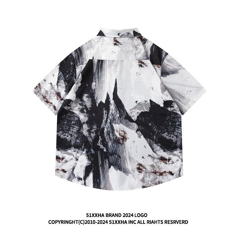 51 Hip Hop Oil Painting Stylish Retro Summer Half Sleeve Shirt Men's Niche Style Hiphop Trendy Lazy Short Sleeve Shirt