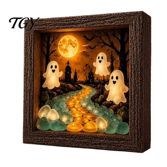 DIY Memory Box Display Lighted Halloween Ghost Shadow Kit, Wooden Frame LED Warm Light, Gothic Decorative Lamp with Crystal Glass Panel, Night