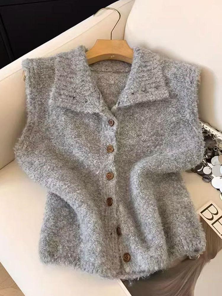2026 Korean Style Stand Collar Fluffy Wool Vest - Autumn/Winter Sleeveless Loose Cardigan Sweater