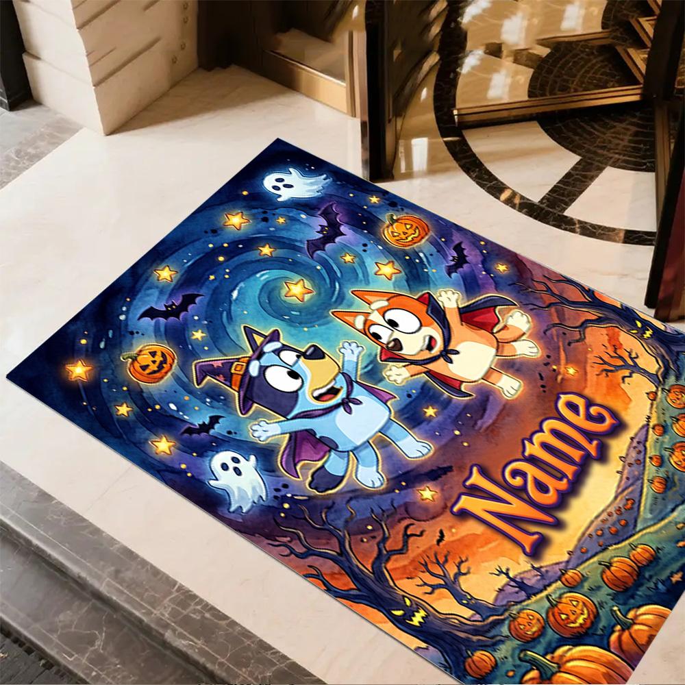 Halloween Night Adventure Customizable Name Floor Mat Design for Outdoor Hallway Kitchen Game Room Anti-slip Rug Office Home Decor Gift for Festivals