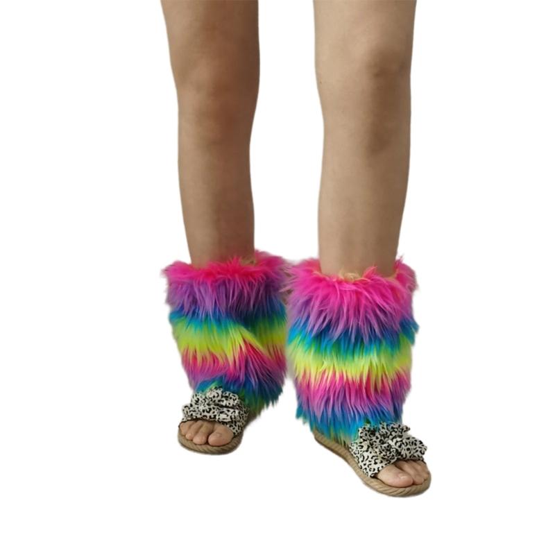 Winter 80s Furry Long Socks Leggings Cover Leg Warmer Punk Boots Socks Plush Vintage Rainbow Warm Boot Cuffs Leg Cover