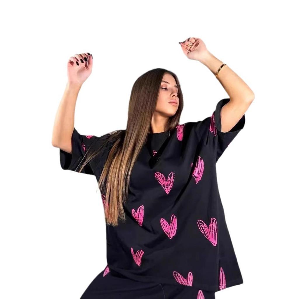 Summer Heart Print Loose Fit Cotton T-Shirt - European & American Style, Age-Reducing & Versatile Fashion
