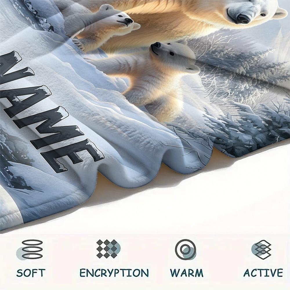 1PC Custom Name Polar Bears Winter Patterned Flannel Blanket Suitable For All Seasons for Home Decor Warmth and Comfort Gifts Holiday Present_lx