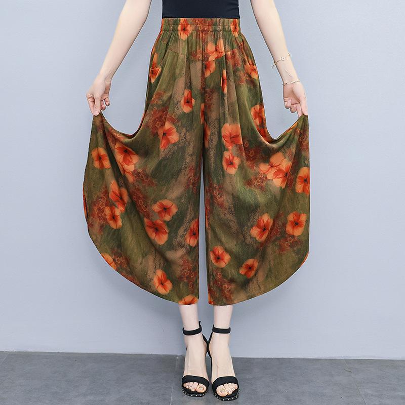 Women's Floral Cotton Silk Wide-Leg Skirt Pants - Summer Casual Elastic Waist, Plus Size, Lightweight Seven-Point Length.