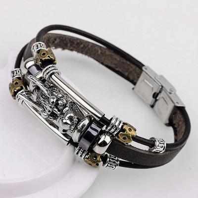 Men's Vintage Punk Faux Leather Bracelet Dragon Head Charm Multilayer Bangle
