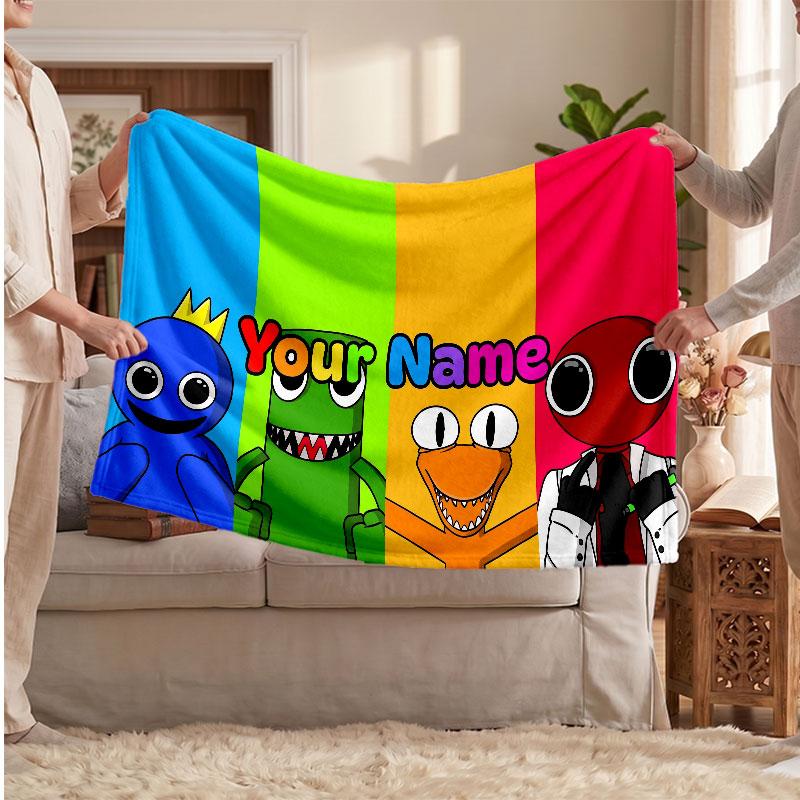 Rainbow Friends Personalized Flannel Blanket, Custom Printed Text Name, Warm Soft Blanket For Couch Bed