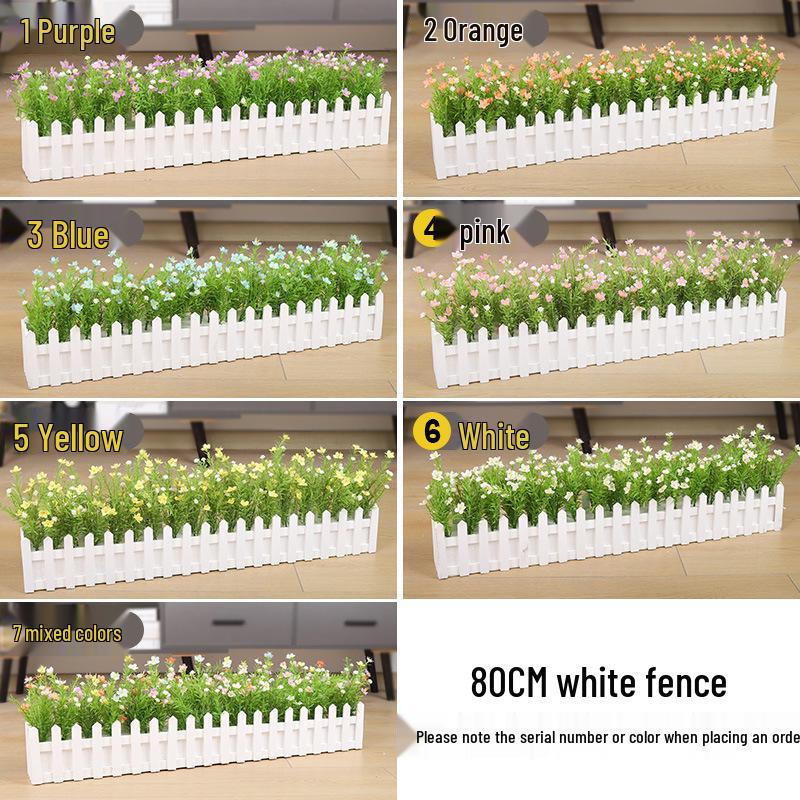 Silk Flower Pot with Wood Fence: Decorative Bonsai for Living Room or Office.