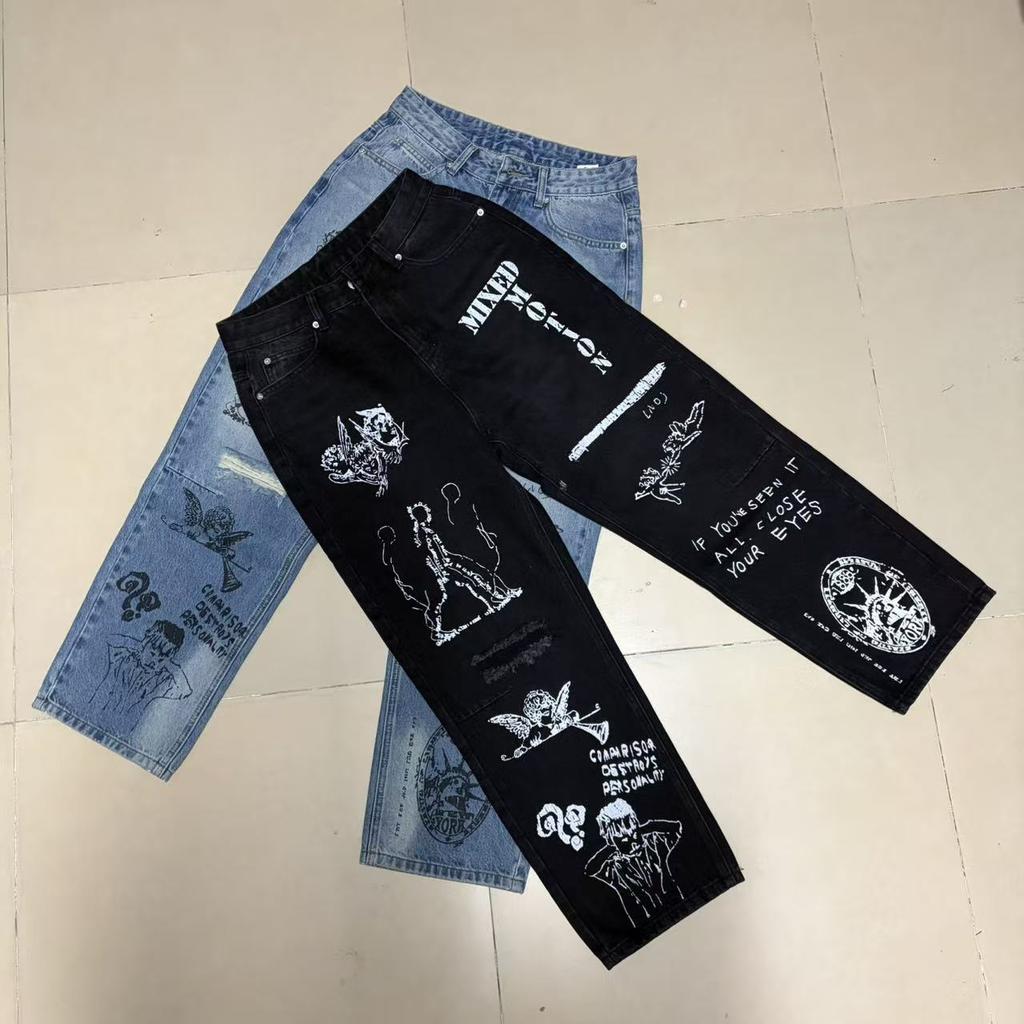 Meichao Jeans Hand-Painted Graffiti Print Knife Cut Casual Straight Legs Pants Trousers Men