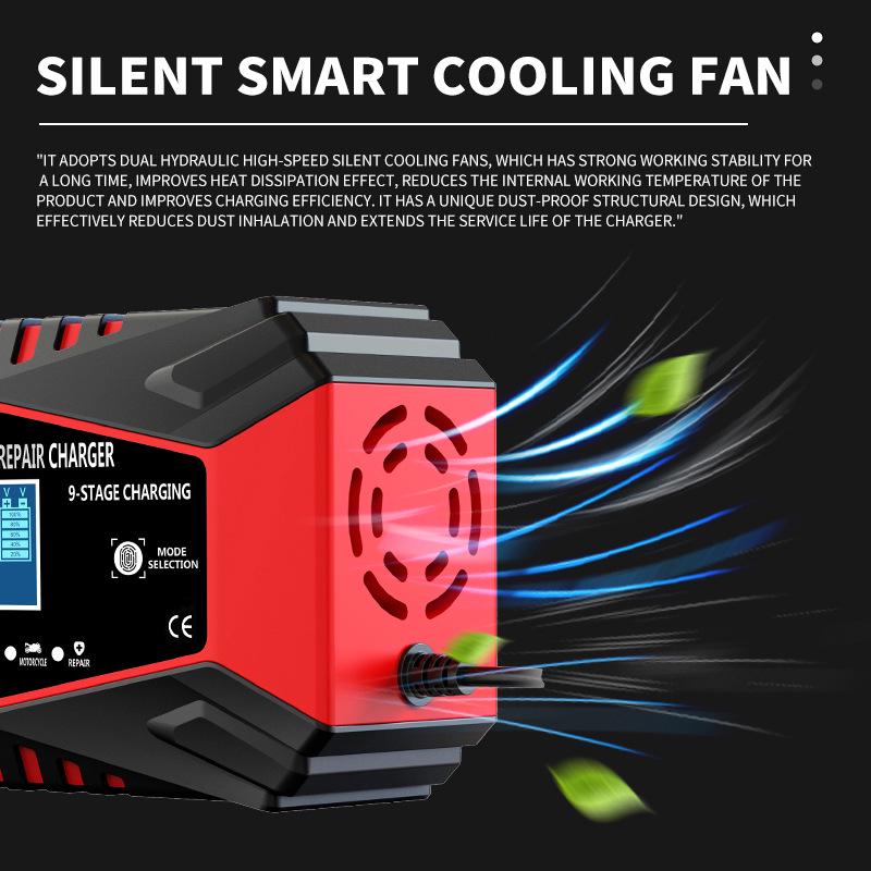 12V/24V Intelligent Pulse Repair Lead-Acid Car Battery Charger, Nine-Stage Optimization