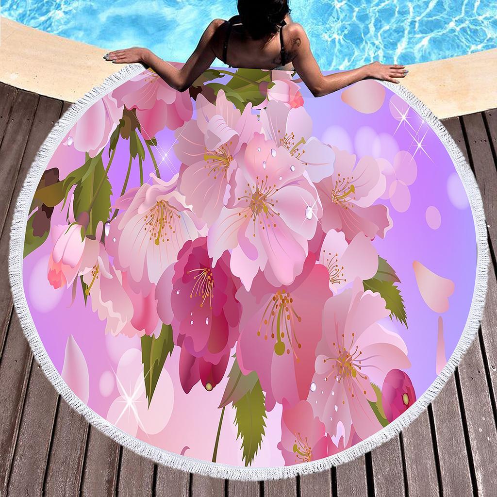 Peach Blossom Pattern Round Beach Towel, Microfiber Lightweight Beach Blanket, Soft Absorbent Quick Dry Pool Towel Picnic Mat