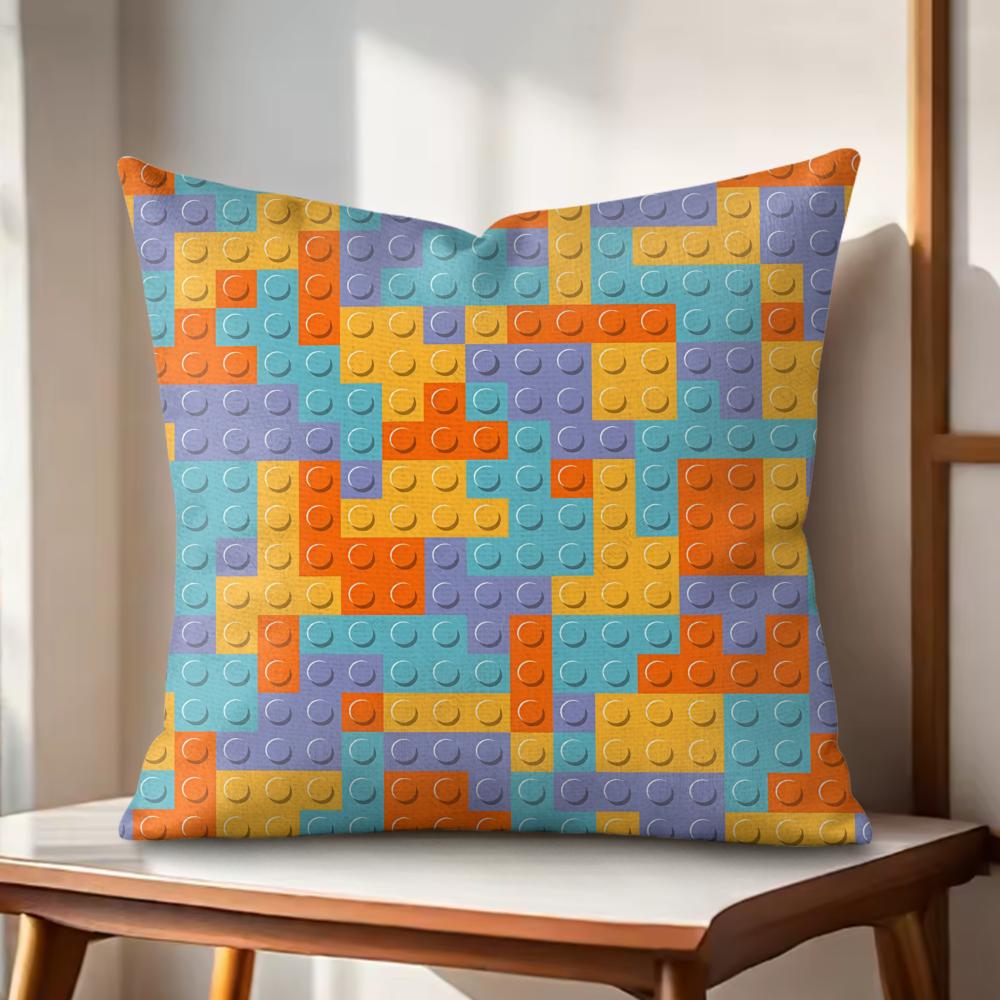 Colorful block Cushion Cover Natural Linen Organic Fabric DoubleSided Printing Couch Pillow Covers Home Decor Gift