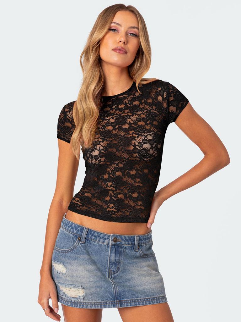 Women's Round Neck Lace Short Sleeve Hollow Out Top