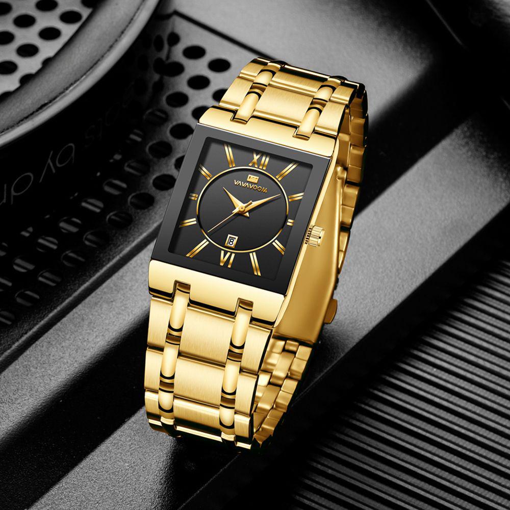 Men's Black Gold Quartz Waterproof Wristwatch with Steel Band