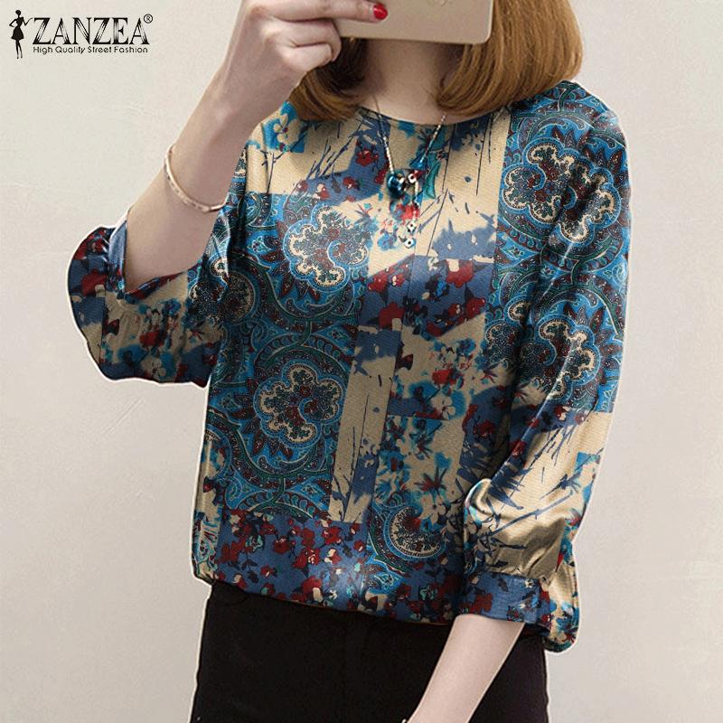

ZANZEA Летний повседневный O-образный вырез 3/4 рукава Женщины Принт Блузка