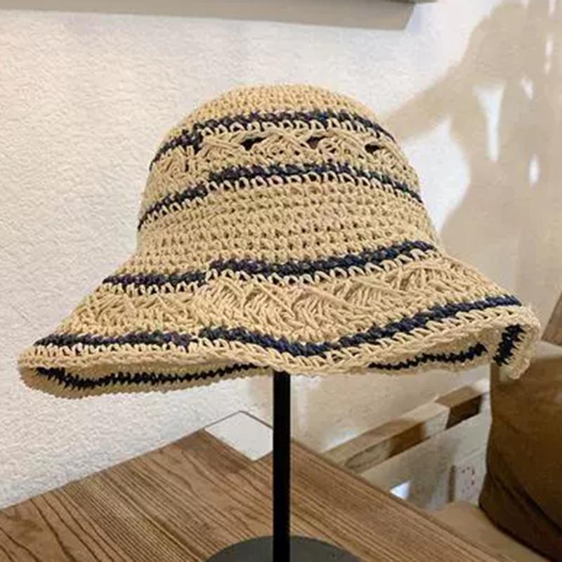 

Striped Geometric Print Natural Straw Bucket Hats For Women Foldable Lightweight Sun Hatstravel & Vacation Essential бежевий