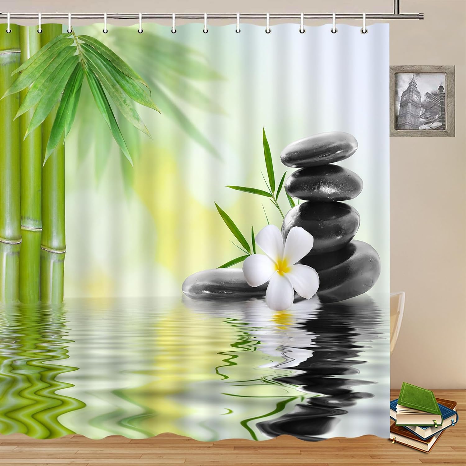 

Zen Garden Shower Curtain Spa Green Bamboo Black Stone White Flower Bathroom Decor Supplies Shower Curtains Machine Washable 90x180CM