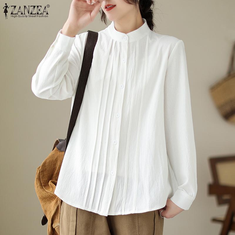 

ZANZEA Женская повседневная однотонная свободная блузка с круглым вырезом и длинными рукавами