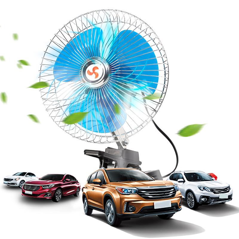 12/24V Portable Car Cooling Fan Metal Guard Vehicle Air Cooler Rotation Electric Auto Fan Adjustable Clip-On Car Fan