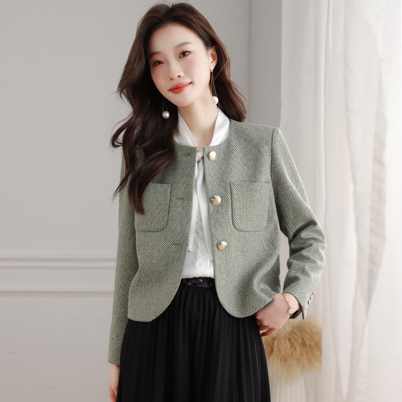Women's French Style Round Neck Wool Tweed Jacket