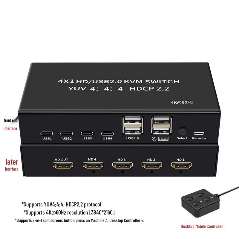 

4x1 4K HDMI KVM Switch: High-Definition Screen Sharing for USB Keyboard, Mouse, Monitor (YUV4:4:4)