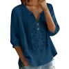 Damen V-Ausschnitt Dreiviertelarm Bestickte Knopfleistenbluse mit Blumenmuster Lockerer Schnitt Lässiges Oberteil
